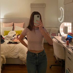 pink and grey striped top